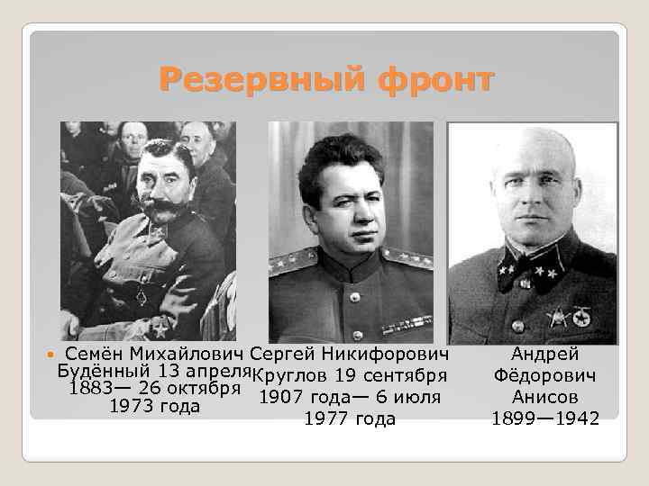 Резервный фронт Семён Михайлович Сергей Никифорович Будённый 13 апреля Круглов 19 сентября 1883— 26
