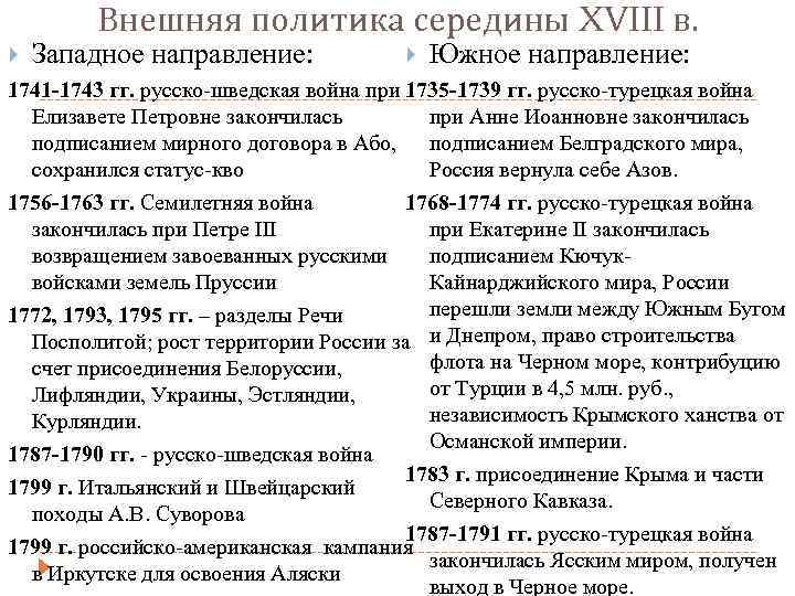 Внешняя политика середины XVIII в. Западное направление: Южное направление: 1741 -1743 гг. русско-шведская война