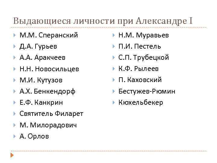 Выдающиеся личности при Александре I М. М. Сперанский Д. А. Гурьев А. А. Аракчеев