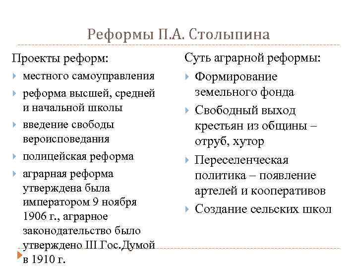 Реформы П. А. Столыпина Проекты реформ: местного самоуправления реформа высшей, средней и начальной школы