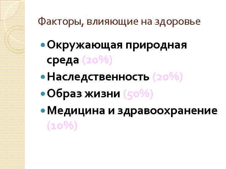 Факторы, влияющие на здоровье Окружающая природная среда (20%) Наследственность (20%) Образ жизни (50%) Медицина