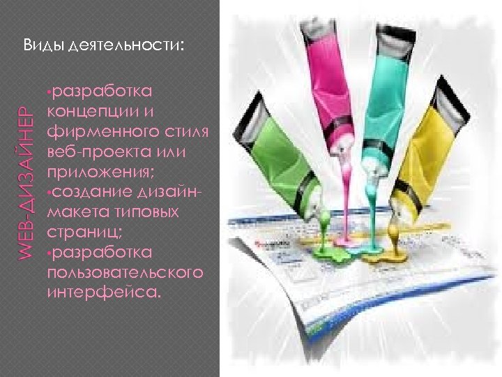 Виды деятельности: • разработка концепции и фирменного стиля веб-проекта или приложения; • создание дизайнмакета
