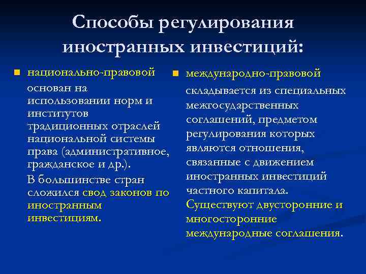 Способы регулирования иностранных инвестиций: n национально-правовой n основан на использовании норм и институтов традиционных