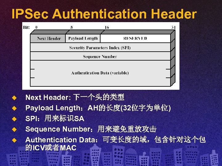 IPSec Authentication Header u u u Next Header: 下一个头的类型 Payload Length：AH的长度(32位字为单位) SPI：用来标识SA Sequence Number：用来避免重放攻击