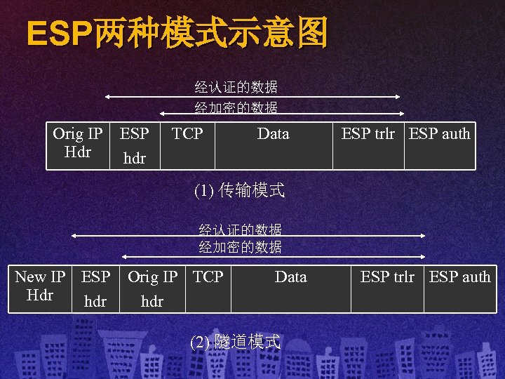 ESP两种模式示意图 经认证的数据 经加密的数据 Orig IP Hdr ESP hdr TCP Data ESP trlr ESP auth