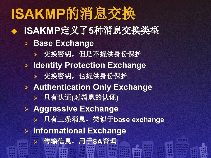 ISAKMP的消息交换 u ISAKMP定义了5种消息交换类型 Ø Base Exchange Ø Ø Identity Protection Exchange Ø Ø 只有认证(对消息的认证)