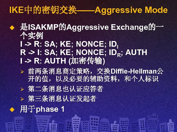 IKE中的密钥交换——Aggressive Mode u 是ISAKMP的Aggressive Exchange的一 个实例 I -> R: SA; KE; NONCE; IDI R