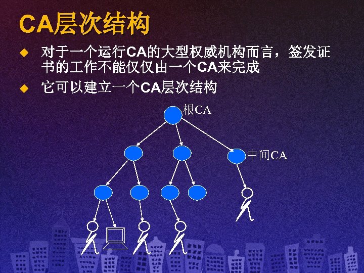 CA层次结构 u u 对于一个运行CA的大型权威机构而言，签发证 书的 作不能仅仅由一个CA来完成 它可以建立一个CA层次结构 根CA 中间CA 