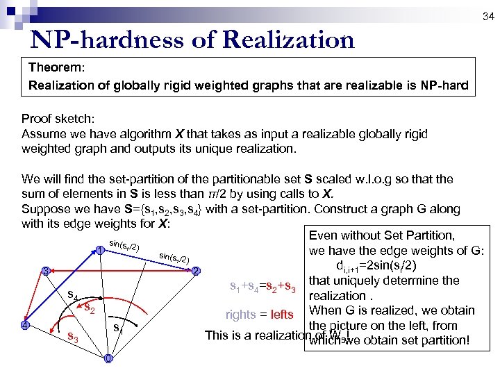 34 NP-hardness of Realization Theorem: Realization of globally rigid weighted graphs that are realizable