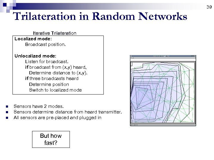 39 Trilateration in Random Networks Iterative Trilateration Localized mode: Broadcast position. Unlocalized mode: Listen