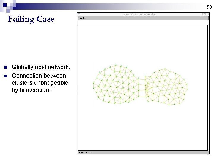 50 Failing Case n n Globally rigid network. Connection between clusters unbridgeable by bilateration.