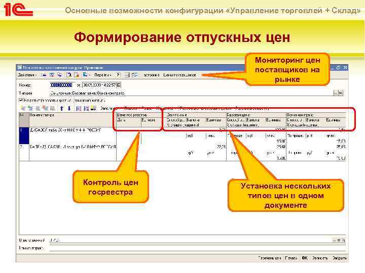 Основные возможности конфигурации «Управление торговлей + Склад» Формирование отпускных цен Мониторинг цен поставщиков на