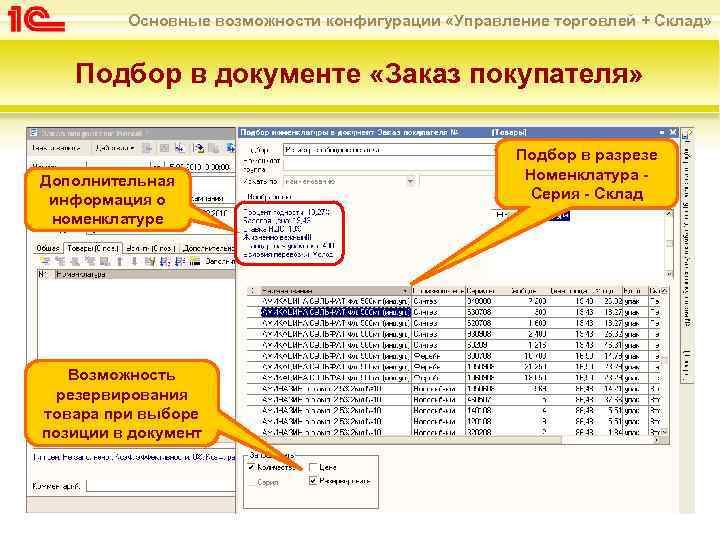 Основные возможности конфигурации «Управление торговлей + Склад» Подбор в документе «Заказ покупателя» Дополнительная информация