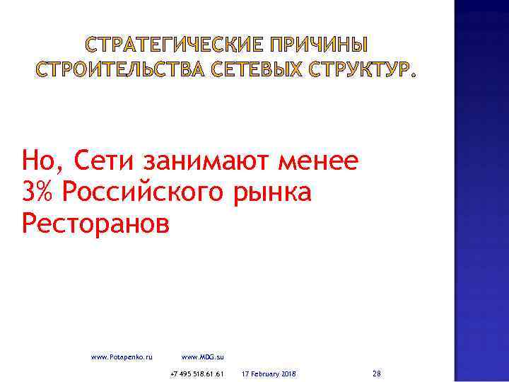 СТРАТЕГИЧЕСКИЕ ПРИЧИНЫ СТРОИТЕЛЬСТВА СЕТЕВЫХ СТРУКТУР. Но, Сети занимают менее 3% Российского рынка Ресторанов www.