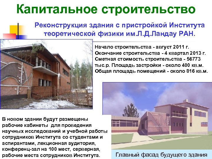 Капитальное строительство Реконструкция здания с пристройкой Института теоретической физики им. Л. Д. Ландау РАН.