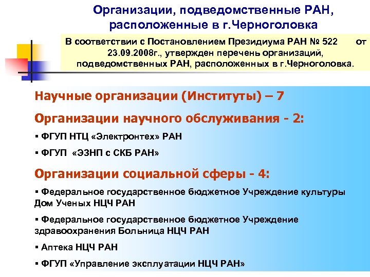 Организации, подведомственные РАН, расположенные в г. Черноголовка В соответствии с Постановлением Президиума РАН №
