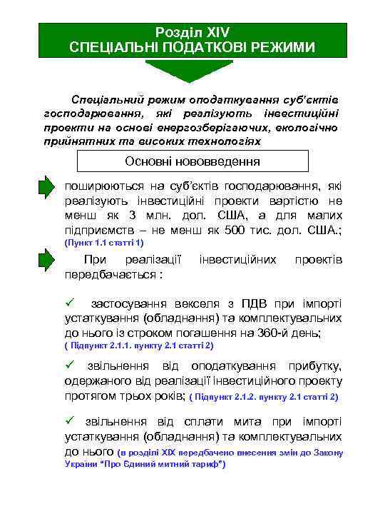 Розділ ХIV СПЕЦІАЛЬНІ ПОДАТКОВІ РЕЖИМИ Спеціальний режим оподаткування суб’єктів господарювання, які реалізують інвестиційні проекти