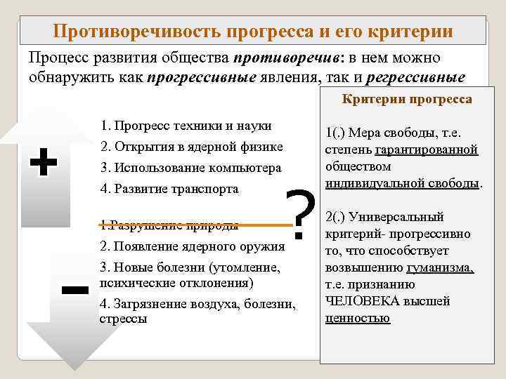 Примеры иллюстрирующие критерии общественного прогресса