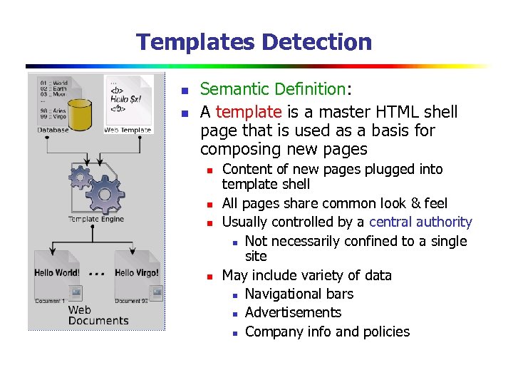 Templates Detection n n Semantic Definition: A template is a master HTML shell page