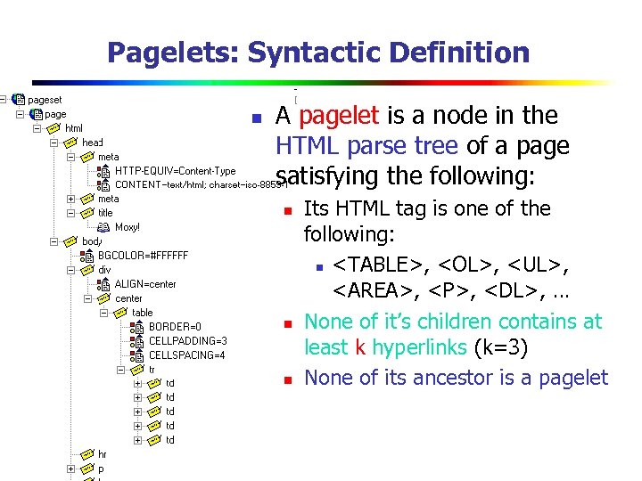 Pagelets: Syntactic Definition n A pagelet is a node in the HTML parse tree