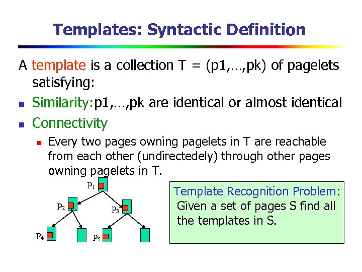 Templates: Syntactic Definition A template is a collection T = (p 1, …, pk)