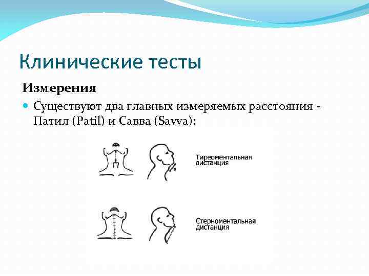 Клинические тесты Измерения Существуют два главных измеряемых расстояния - Патил (Patil) и Савва (Savva):