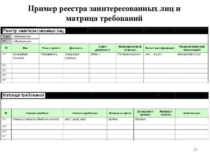 Пример реестра заинтересованных лиц и матрица требований 91 