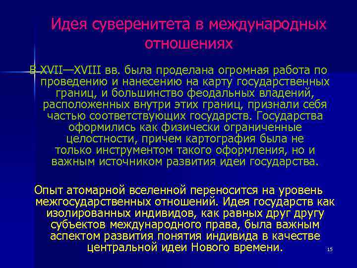 Идея суверенитета в международных отношениях В XVII—XVIII вв. была проделана огромная работа по проведению