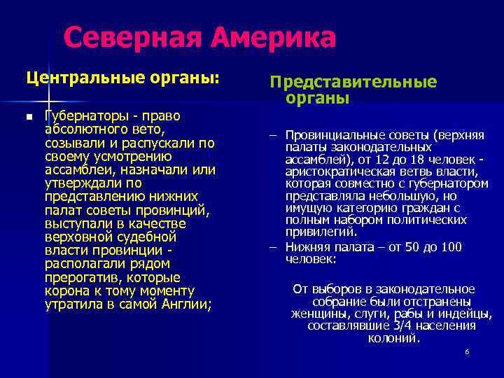 Северная Америка Центральные органы: n Губернаторы право абсолютного вето, созывали и распускали по своему