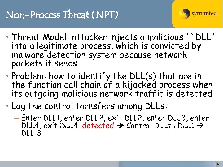 Non-Process Threat (NPT) • Threat Model: attacker injects a malicious ``DLL’’ into a legitimate