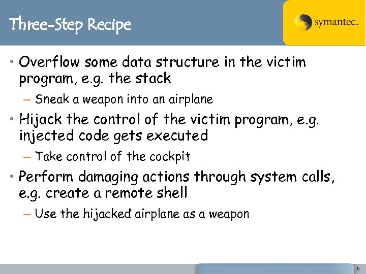 Three-Step Recipe • Overflow some data structure in the victim program, e. g. the