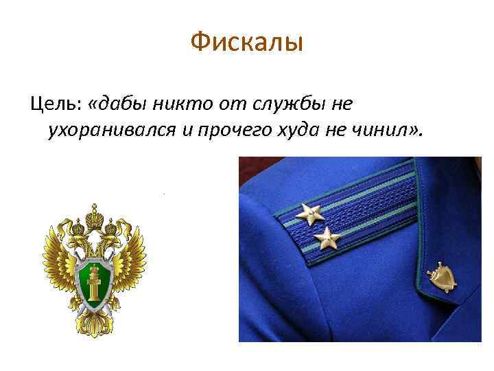 Фискалы Цель: «дабы никто от службы не ухоранивался и прочего худа не чинил» .