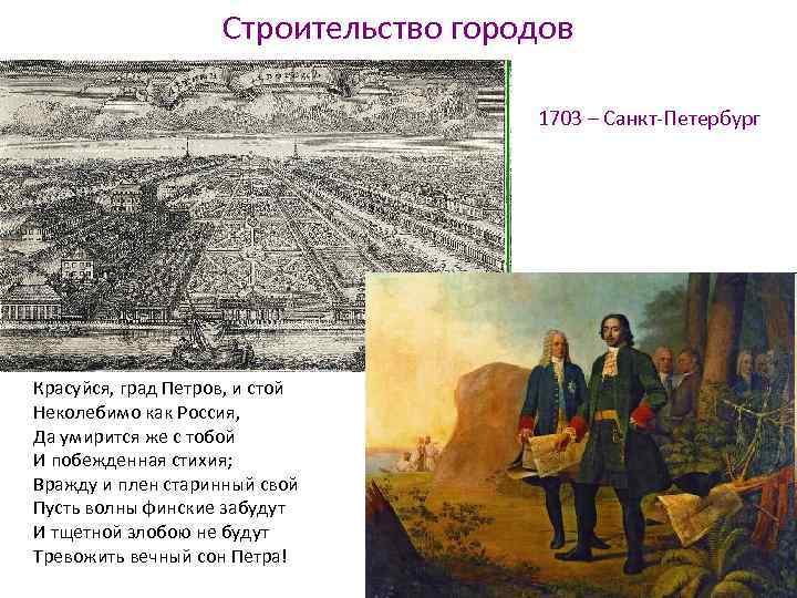 Строительство городов 1703 – Санкт-Петербург Красуйся, град Петров, и стой Неколебимо как Россия, Да