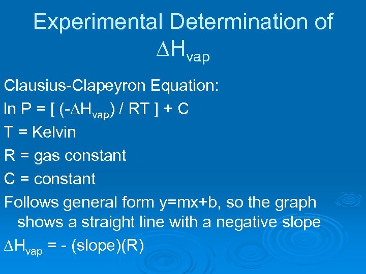 Experimental Determination of DHvap Clausius-Clapeyron Equation: ln P = [ (-DHvap) / RT ]