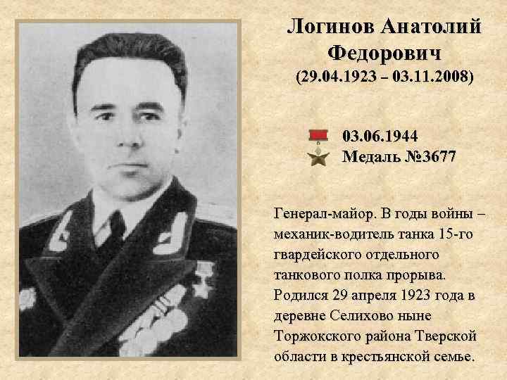 Логинов Анатолий Федорович (29. 04. 1923 – 03. 11. 2008) 03. 06. 1944 Медаль