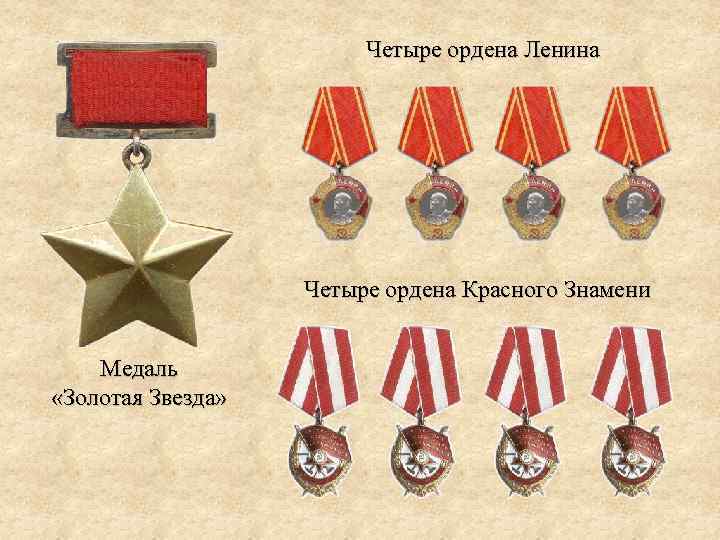 Четыре ордена Ленина Четыре ордена Красного Знамени Медаль «Золотая Звезда» 