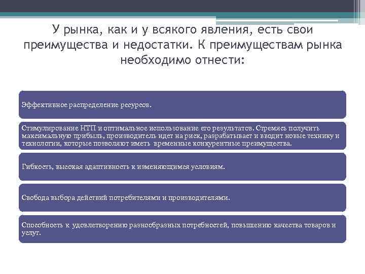 У рынка, как и у всякого явления, есть свои преимущества и недостатки. К преимуществам