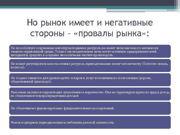Но рынок имеет и негативные стороны – «провалы рынка» : Не способствует сохранению невоспроизводимых
