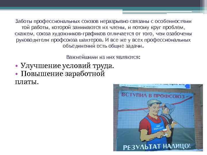 Заботы профессиональных союзов неразрывно связаны с особенностями той работы, которой занимаются их члены, и