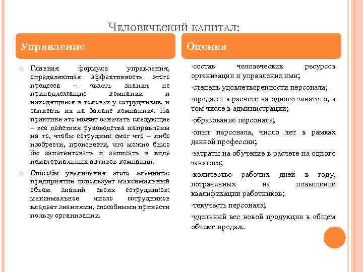 ЧЕЛОВЕЧЕСКИЙ КАПИТАЛ: Управление Главная формула управления, определяющая эффективность этого процесса – «взять знания не