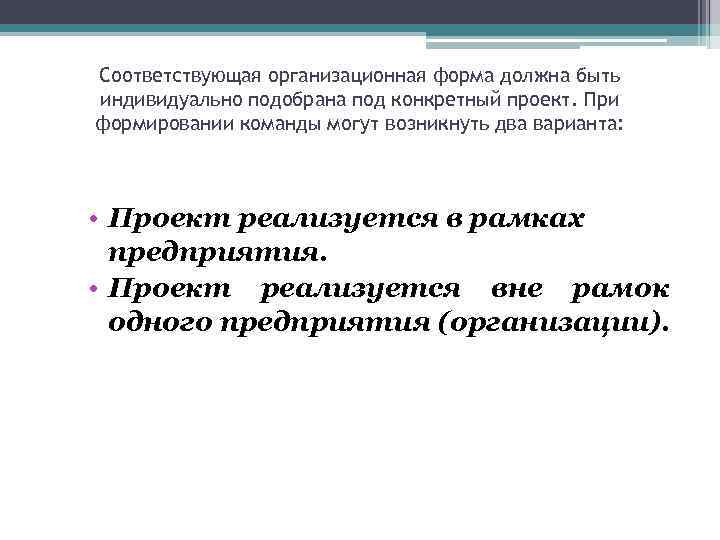 Соответствующая организационная форма должна быть индивидуально подобрана под конкретный проект. При формировании команды могут