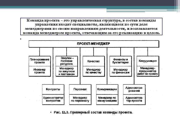 Команда проекта – это управленческая структура, в состав команды управления входят специалисты, являющиеся по