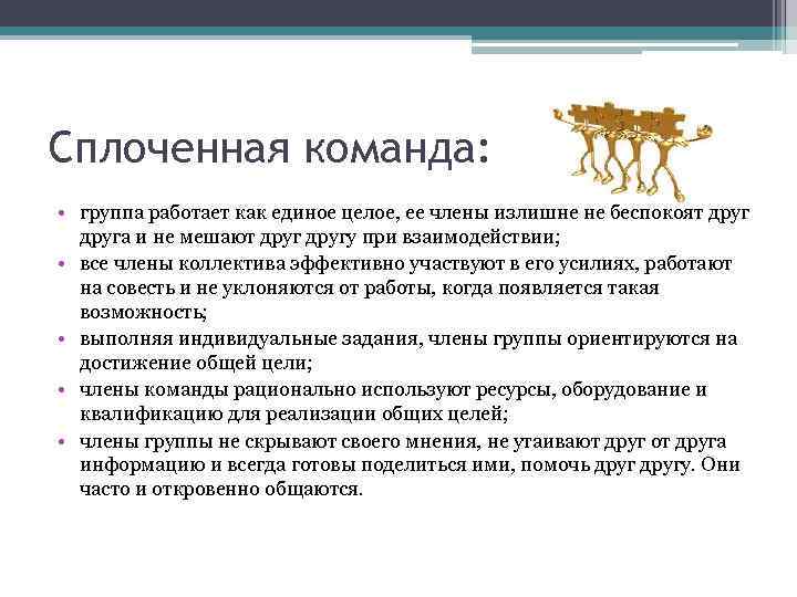 Сплоченная команда: • группа работает как единое целое, ее члены излишне не беспокоят друга