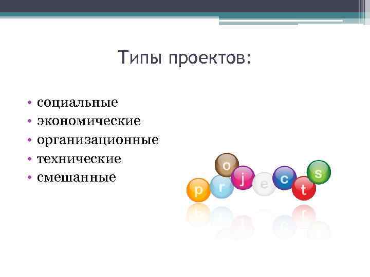 Типы проектов: • • • социальные экономические организационные технические смешанные 