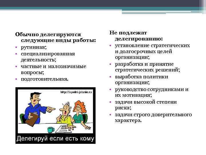 Обычно делегируются следующие виды работы: • рутинная; • специализированная деятельность; • частные и малозначимые