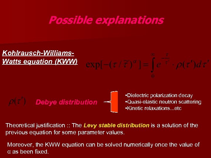 Possible explanations Kohlrausch-Williams. Watts equation (KWW) Debye distribution • Dielectric polarization decay • Quasi-elastic