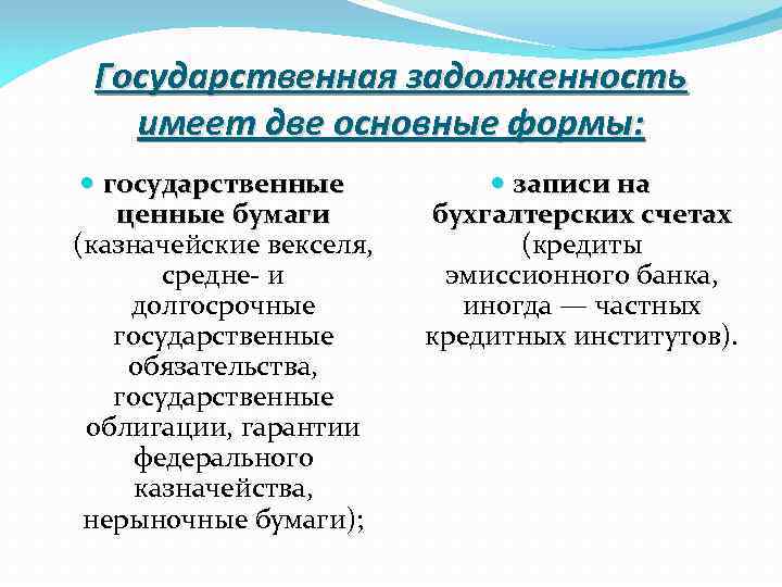 Государственная задолженность имеет две основные формы: государственные ценные бумаги (казначейские векселя, средне- и долгосрочные