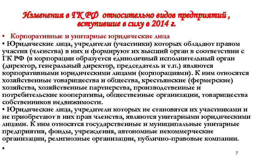 Изменения в ГК РФ относительно видов предприятий , вступившие в силу в 2014 г.