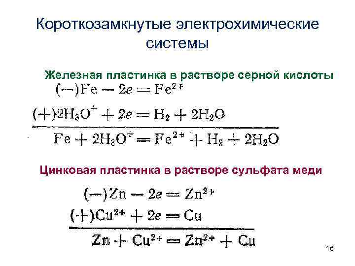 Короткозамкнутые электрохимические системы Железная пластинка в растворе серной кислоты Цинковая пластинка в растворе сульфата