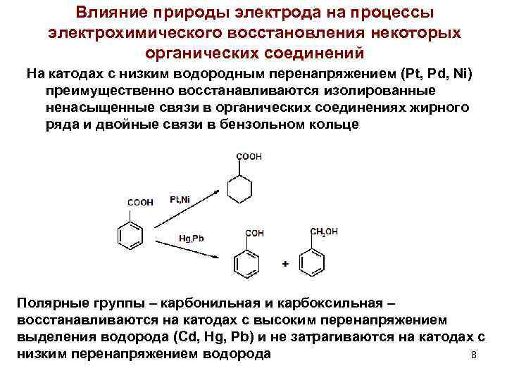 Некоторое органическое вещество. Влияние поляризации на природу электродных процессов. Восстановление органических соединений. Поляризационные процессы на электродах. Поляризация органических соединений.